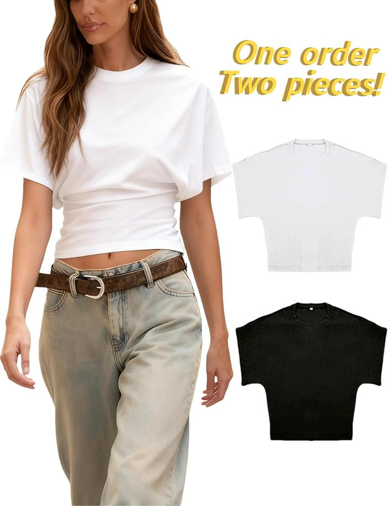Lumister Shirts for Womens Crewneck Tighten Waist T-Shirt Casual Short Sleeve Workout Tops Solid ... | Amazon (US)