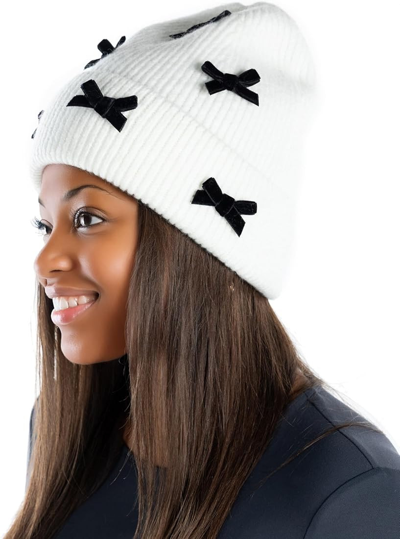 Funky Junque Beanie for Women Winter Hats Chenille Velvet Bow Knit Ladies Warm Ski Cap Fashion | Amazon (US)