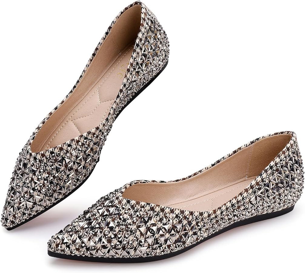 Flats Shoes Women Rhinestone Pointed Head Ballet Flats Comfortable Soft Memory Foam Insole Flat S... | Amazon (US)
