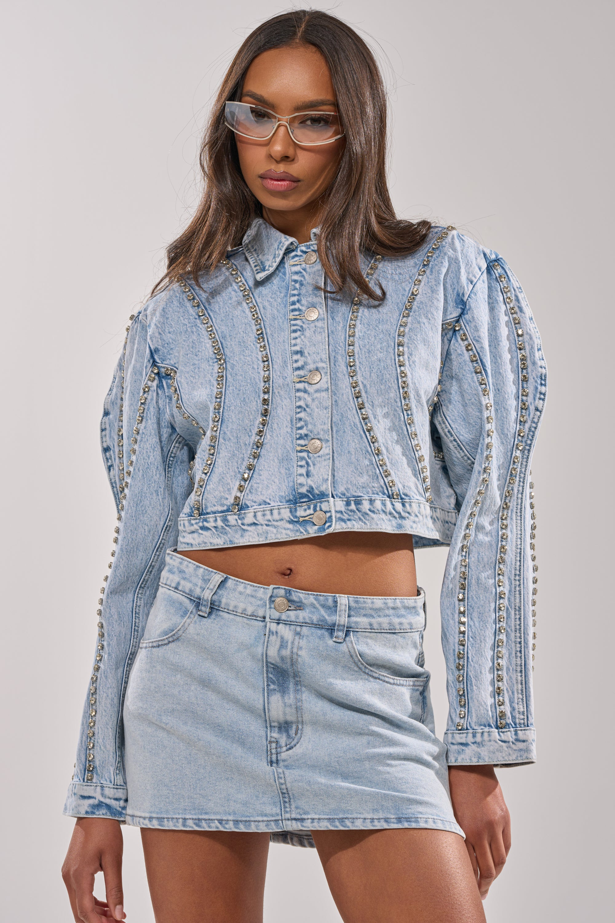 EXTRA EXTRA EMBELLISHED DENIM JACKET IN LIGHT BLUE | AKIRA