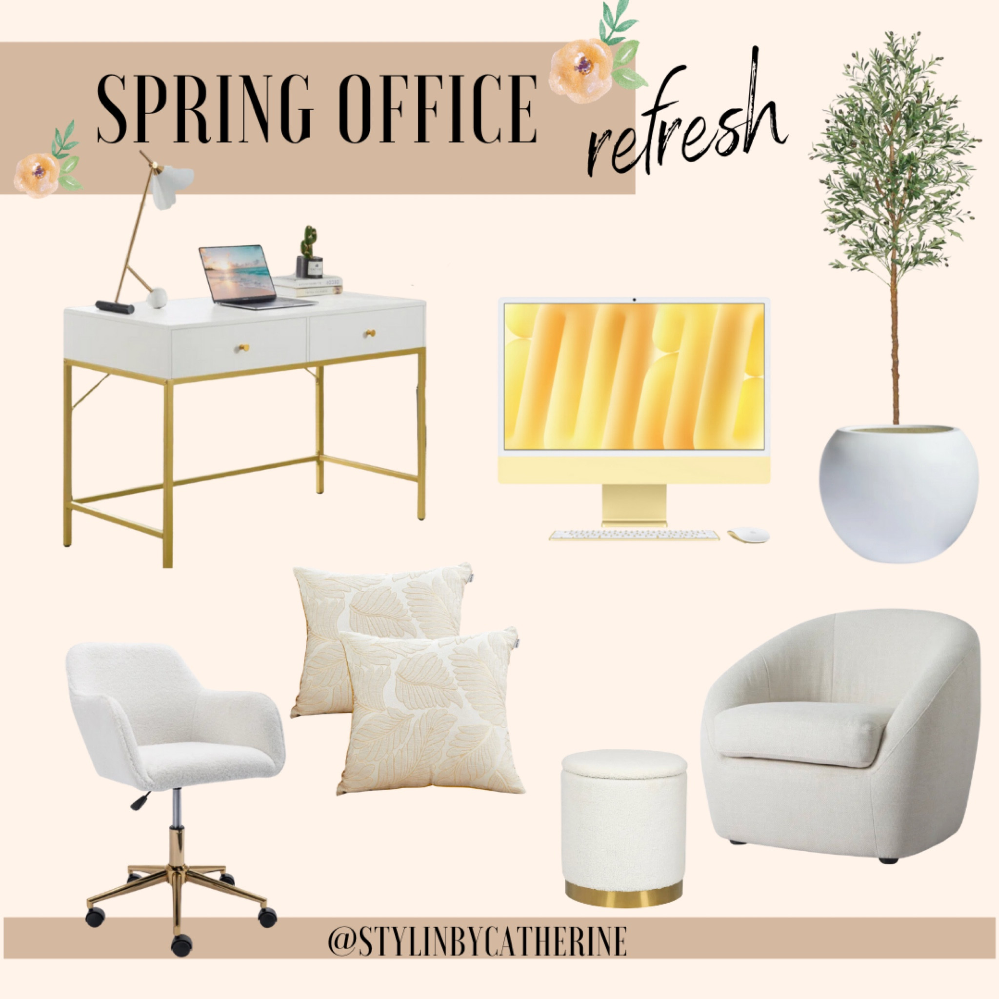 Spring office refresh. White and gold office. New Apple iMac. Olive tree. White and gold office desk. Boucle chair. 

#LTKcanada #LTKspring