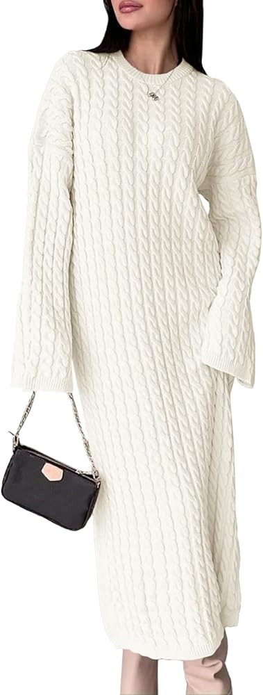 Saodimallsu Womens Oversized Cable Knit Sweater Dress Drop Shoulder Long Sleeve Loose Fall Midi P... | Amazon (US)
