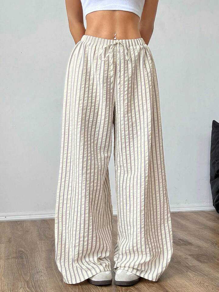SHEIN EZwear Loose Striped Wide-Leg Pants With Front Tie, Casual Wear | SHEIN
