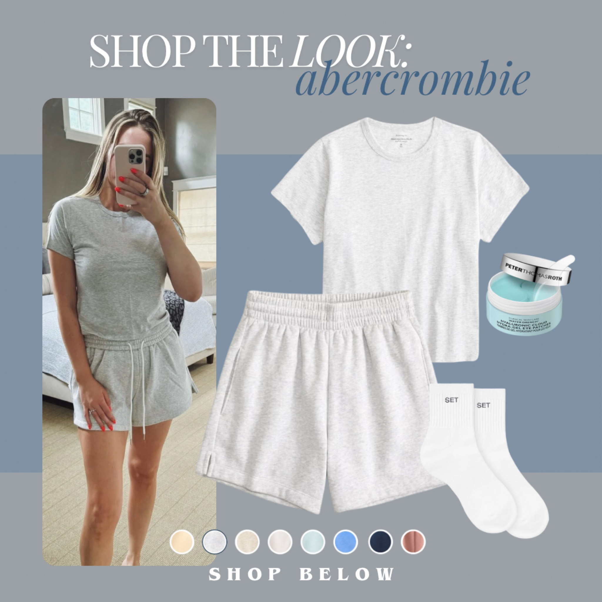 Abercrombie, sweatsuit, Abercrombie, set, cozy set, sweatpants, T-shirt, skimming tea, eye patches, Peter Thomas Roth, Abercrombie, set active, cozy socks, set activeware, workout outfit, Gray, shorts, sweatpants shorts

#LTKActive #LTKfindsunder50 #LTKfindsunder100