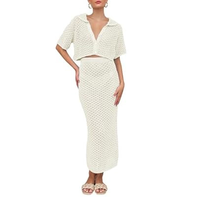 Saodimallsu Women Crochet Beach Cover Up Set Knit Crop Button Short Sleeve Collar Top… | Amazon (US)