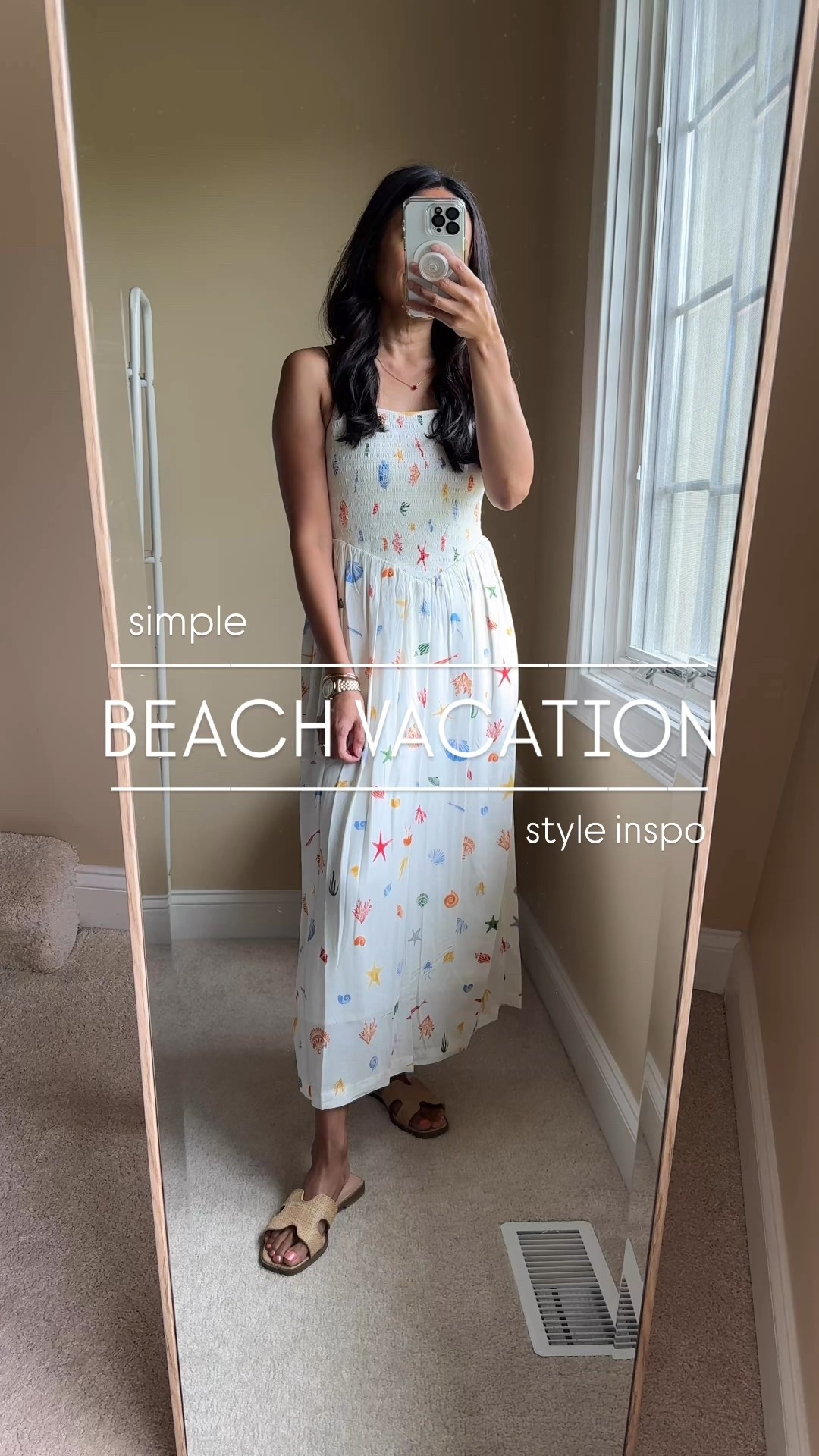 Simple beach vacation outfit inspo. 
Easy breezy dress, slide sandals, woven bag, delicate necklace with a pop of color. 
- Exact dress looks boutique-y, but is $35. Lined, adjustable straps, stretchy bodice. Comes in multiple colors. I love this beach themed print. True to size. 
- Slide sandals with designer style; $20. 
- Small heart pendant in red makes a nice little statement.  Linking options  
- Woven bag comes with 2 straps. 


#LTKOver40 #LTKTravel #LTKFindsUnder50