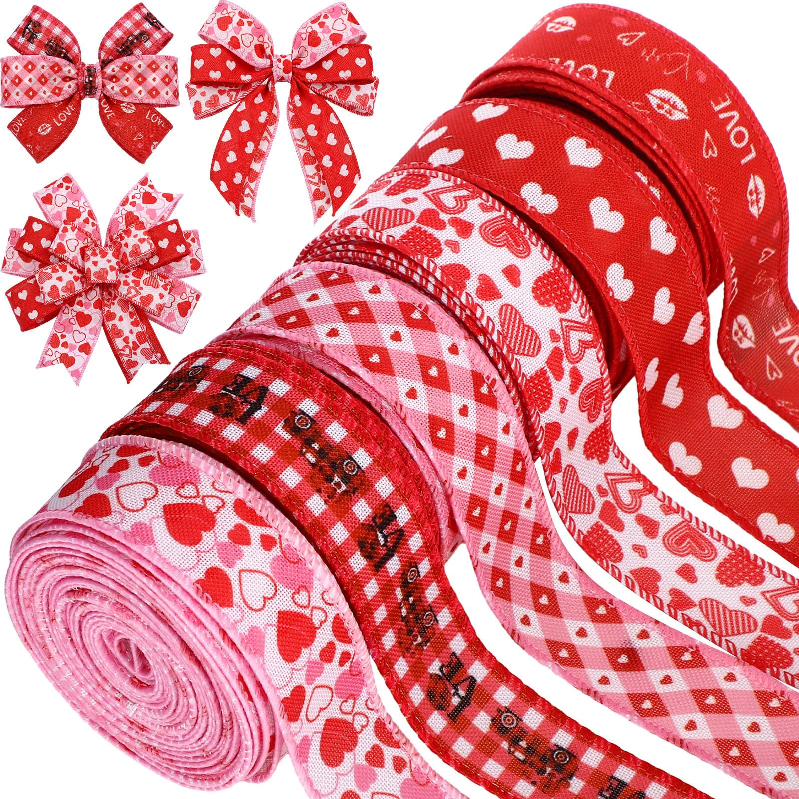 6 Rolls 10 Yards Valentine Hearts Wired Edge Ribbons 1 Inch Red White Love Hearts Craft Ribbon Va... | Amazon (US)
