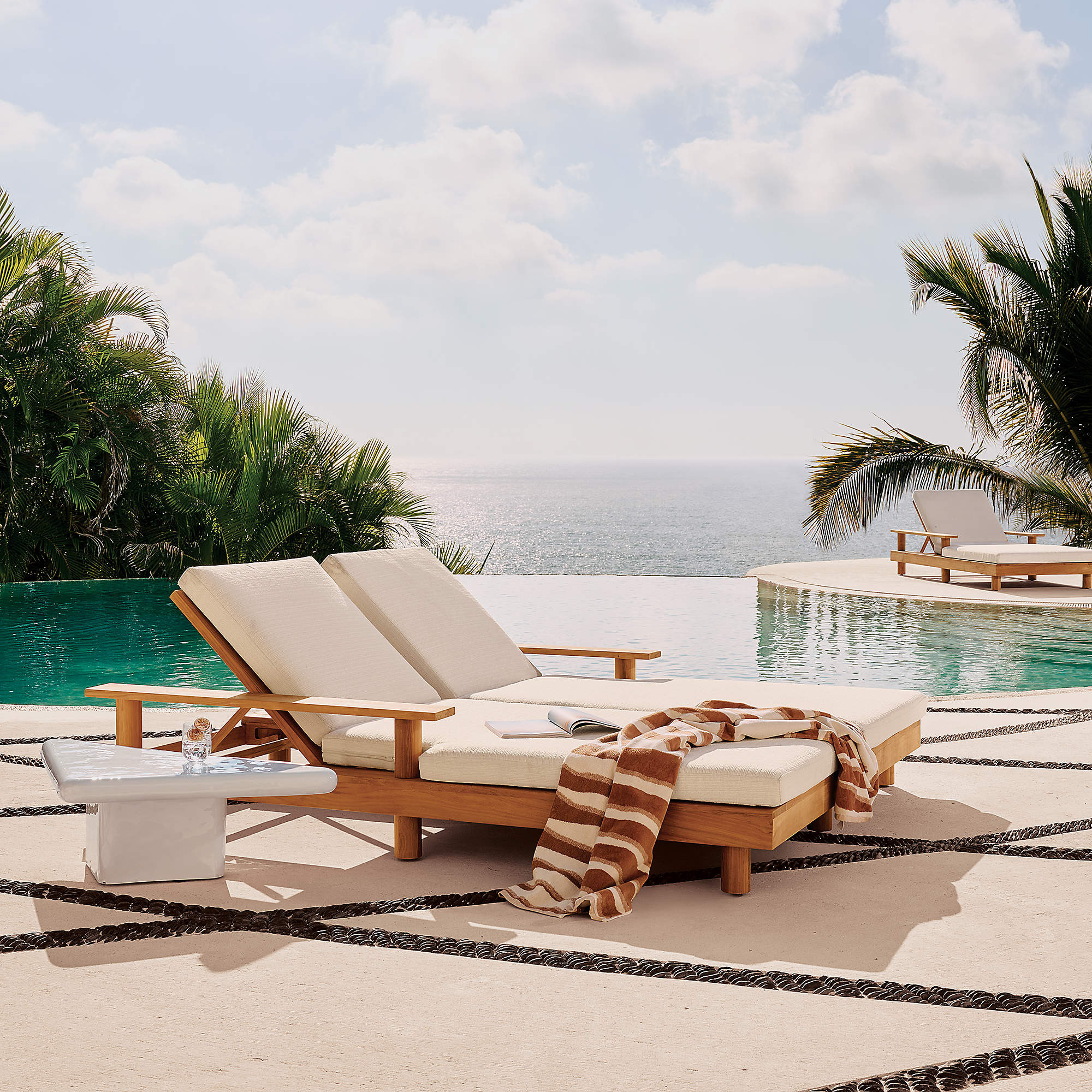 Pinet Modern Teak Outdoor Double Chaise Lounge with Textured White Cushions | CB2 | CB2