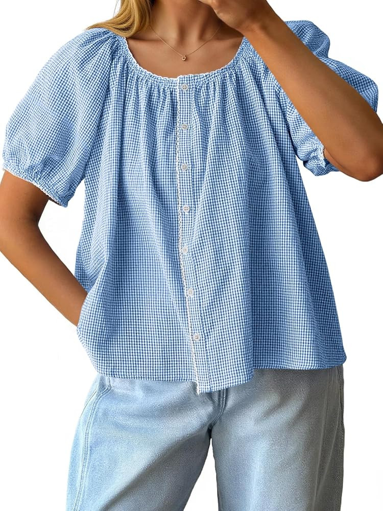 Tankaneo Womens Puff Sleeve Gingham Blouse Summer Plaid Crew Neck Cute Tops Trendy Casual Button ... | Amazon (US)