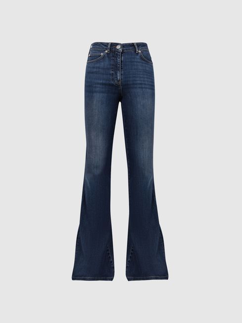 Reiss Mid Blue Beau Petite High Rise Skinny Flared Jeans | Reiss UK