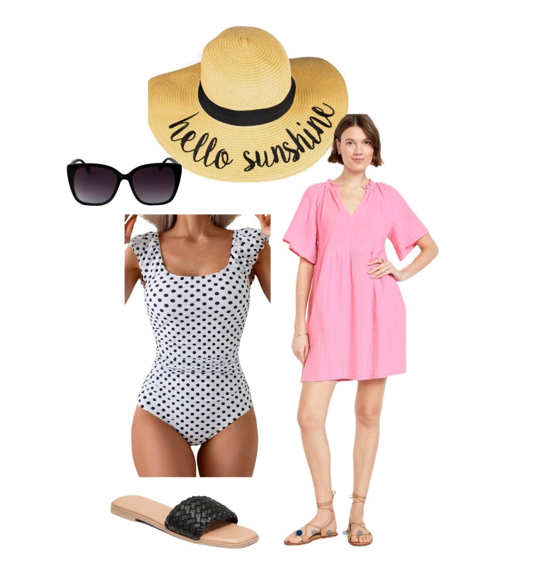 Beach look
Bathing suit
Beach hat
Sandals
Sunglasses 

#LTKSwim #LTKSeasonal #LTKSummerEdit