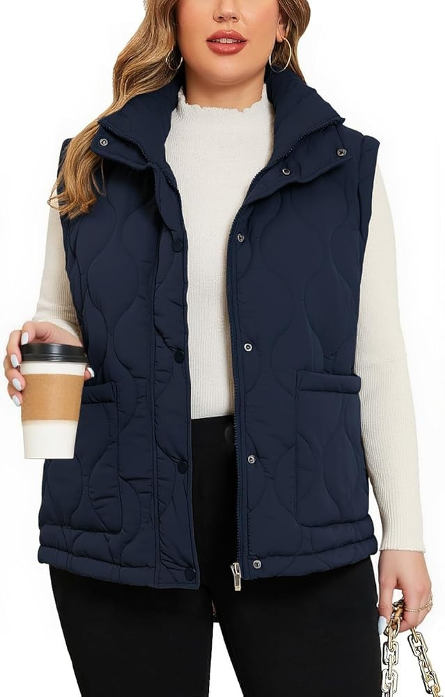 Theenkoln Plus Size puffer Vest:Sleeveless Zip Up Stand Collar Outerwear Quilted Puffy Winter Ves... | Amazon (US)