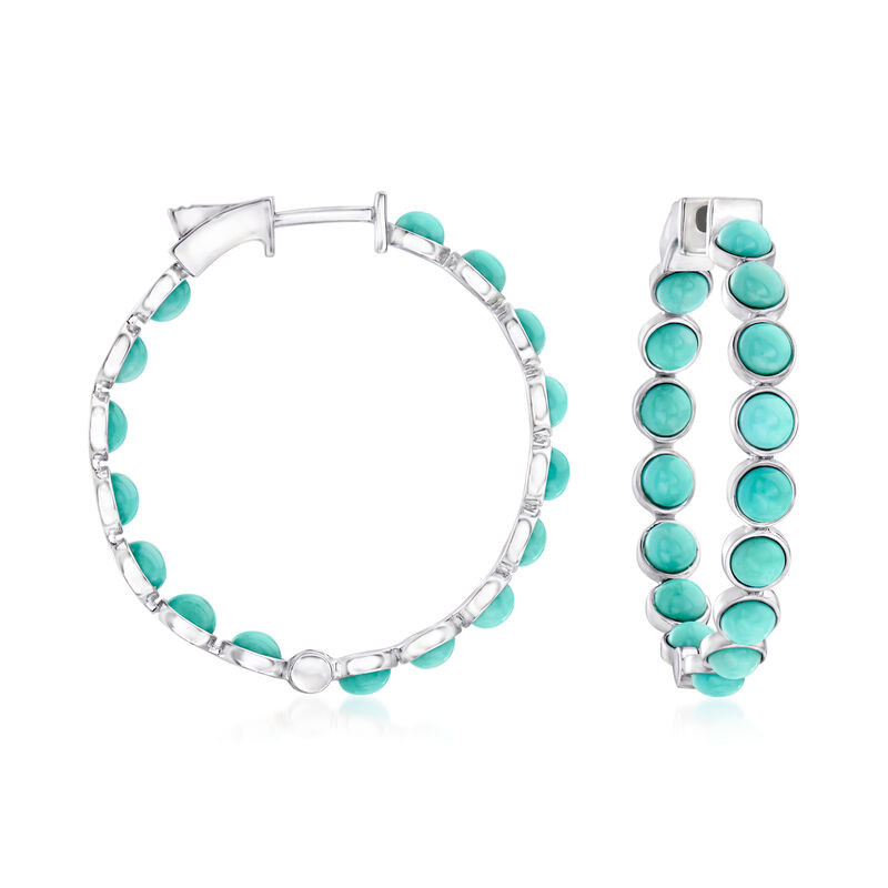 Turquoise Inside-Outside Hoop Earrings in Sterling Silver. 1 3/8" | Ross-Simons