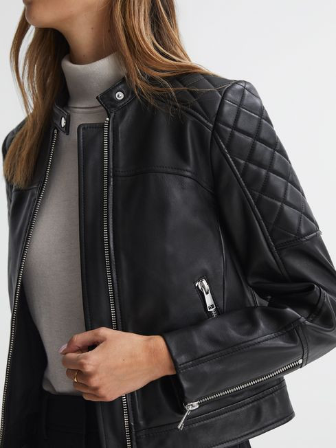 Reiss Black Adelaide Leather Collarless Quilted Jacket | Reiss US