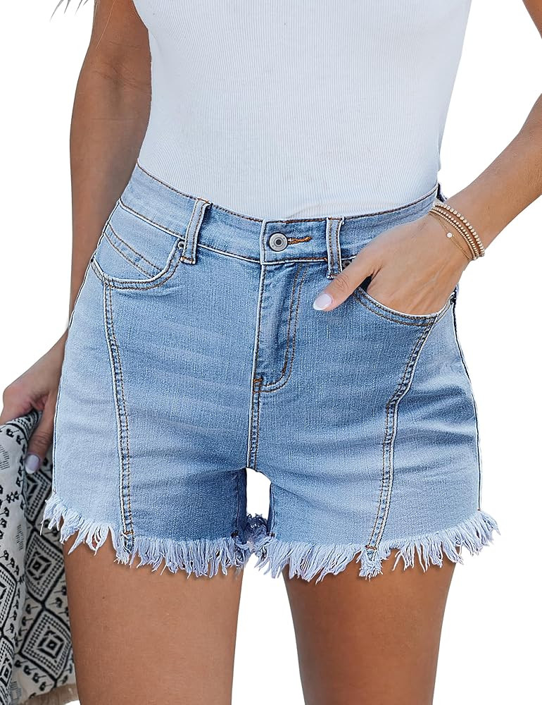 luvamia Jean Shorts for Women Trendy High Waisted Seamed Front Stretchy Denim Shorts Cut Off Fray... | Amazon (US)