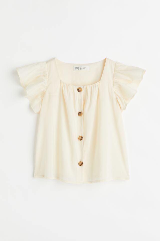 Blouse in soft, woven cotton fabric. Square neckline, buttons at front, and flutter sleeves with ... | H&M (US)
