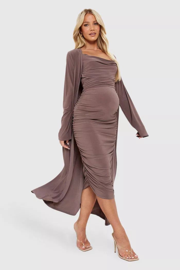Maternity Strappy Cowl Neck Dress And Duster Coat | boohoo (US & Canada)