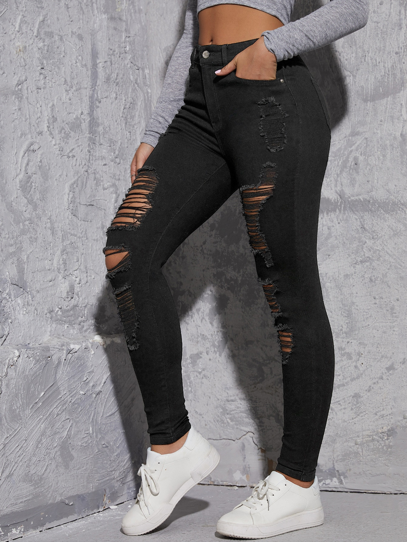 SHEIN EZwear Solid Ripped Skinny Jeans | SHEIN