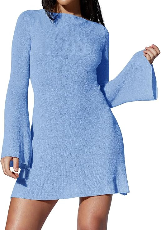 Saodimallsu Womens Swimsuit Coverup Backless Bell Long Sleeve A Line See Through Knit Summer Beac... | Amazon (US)