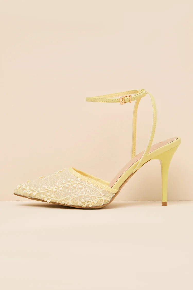 Selma Yellow Embroidered Pointed-Toe Ankle Strap Pumps | Lulus