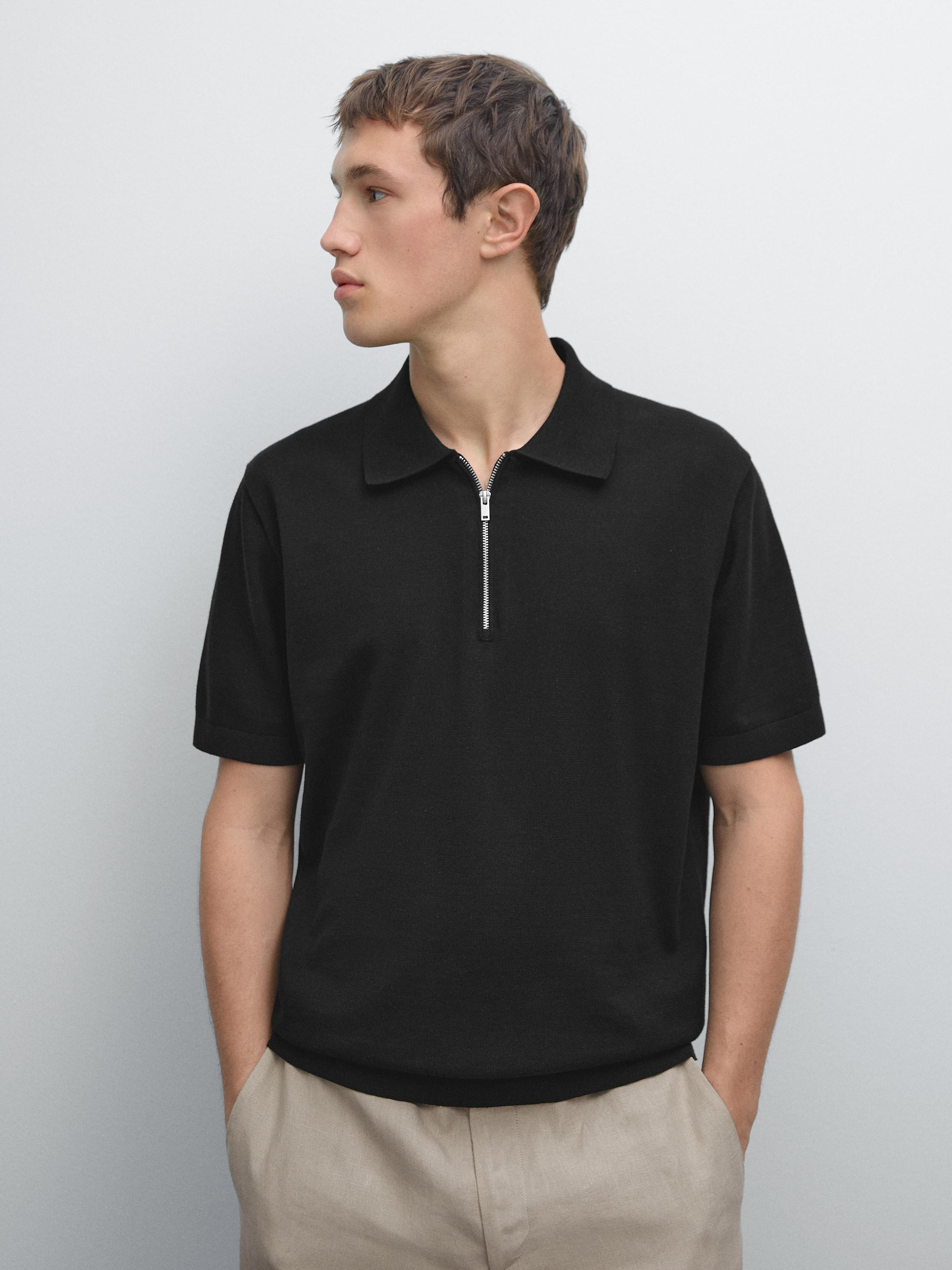 Cotton knit quarter-zip polo shirt | Massimo Dutti US