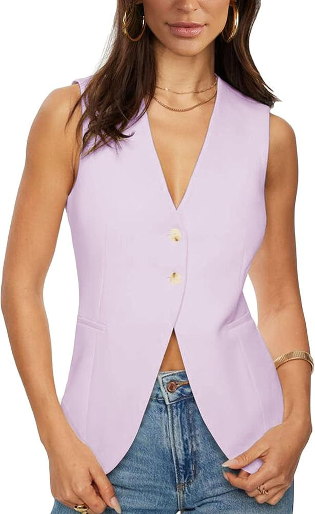 Fallorchid Womens Business Button Sleeveless V Neck Vest Fully Lined Suit Jacket Waistcoat | Amazon (US)