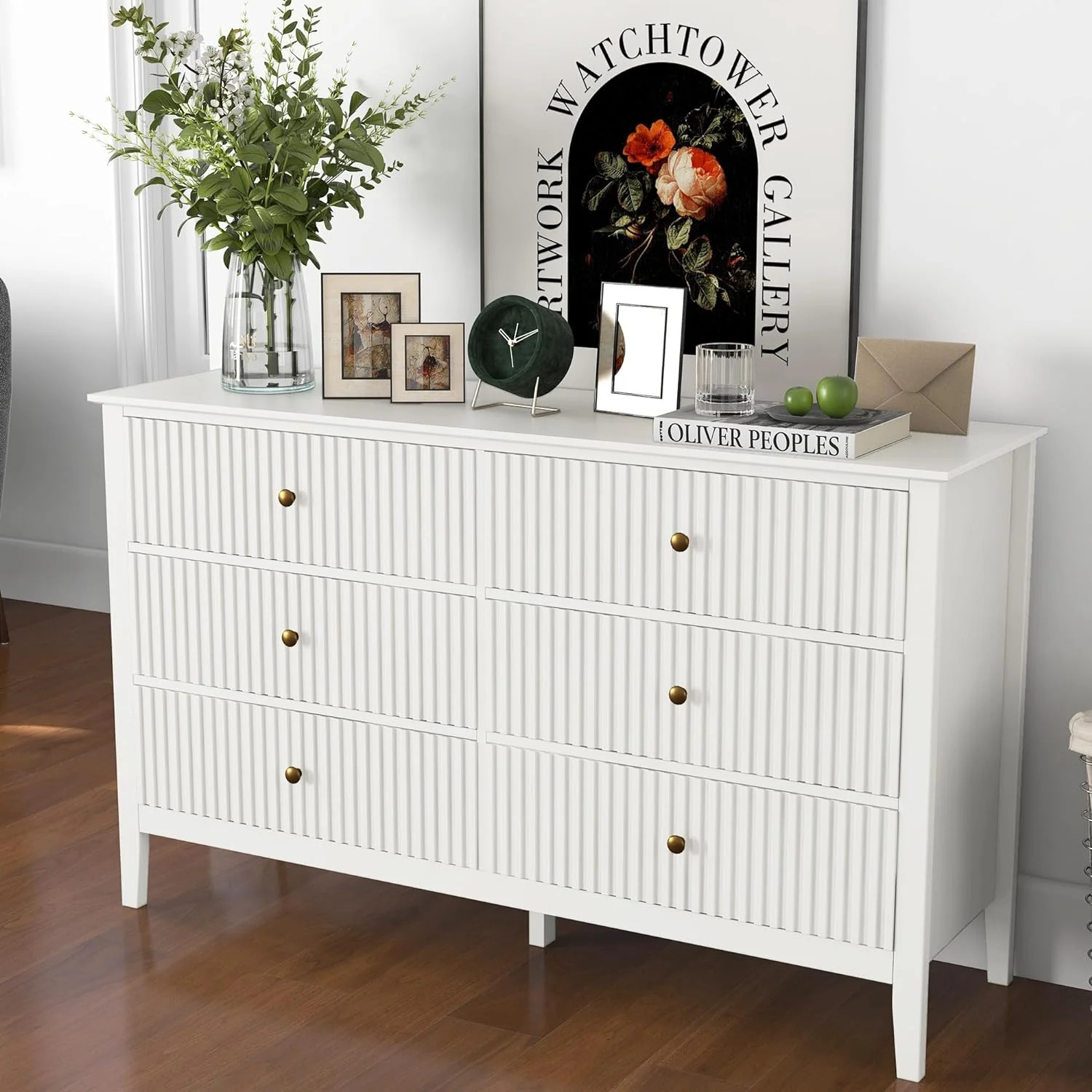 White 6 Drawer Dresser for Bedroom, Modern Double Chest of Drawers 47" Wide, Wood Drawers Storage... | Walmart (US)