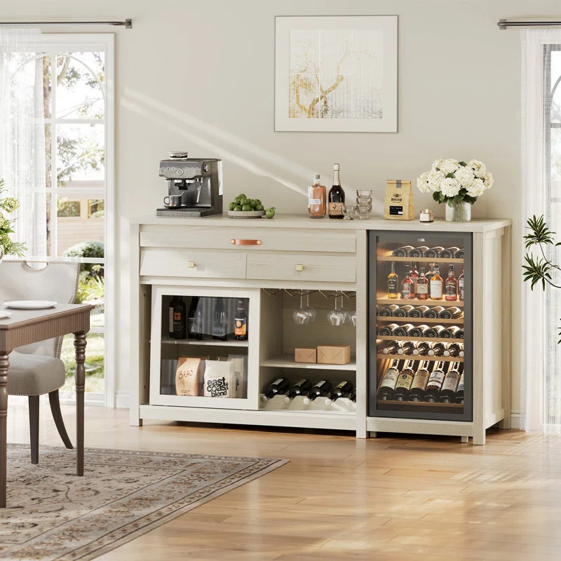 Extra Large Coffee Bar Cabinet With Fridge Space & Power Outlet, Mini Fridge Cabinet With Bar Tra... | Wayfair North America