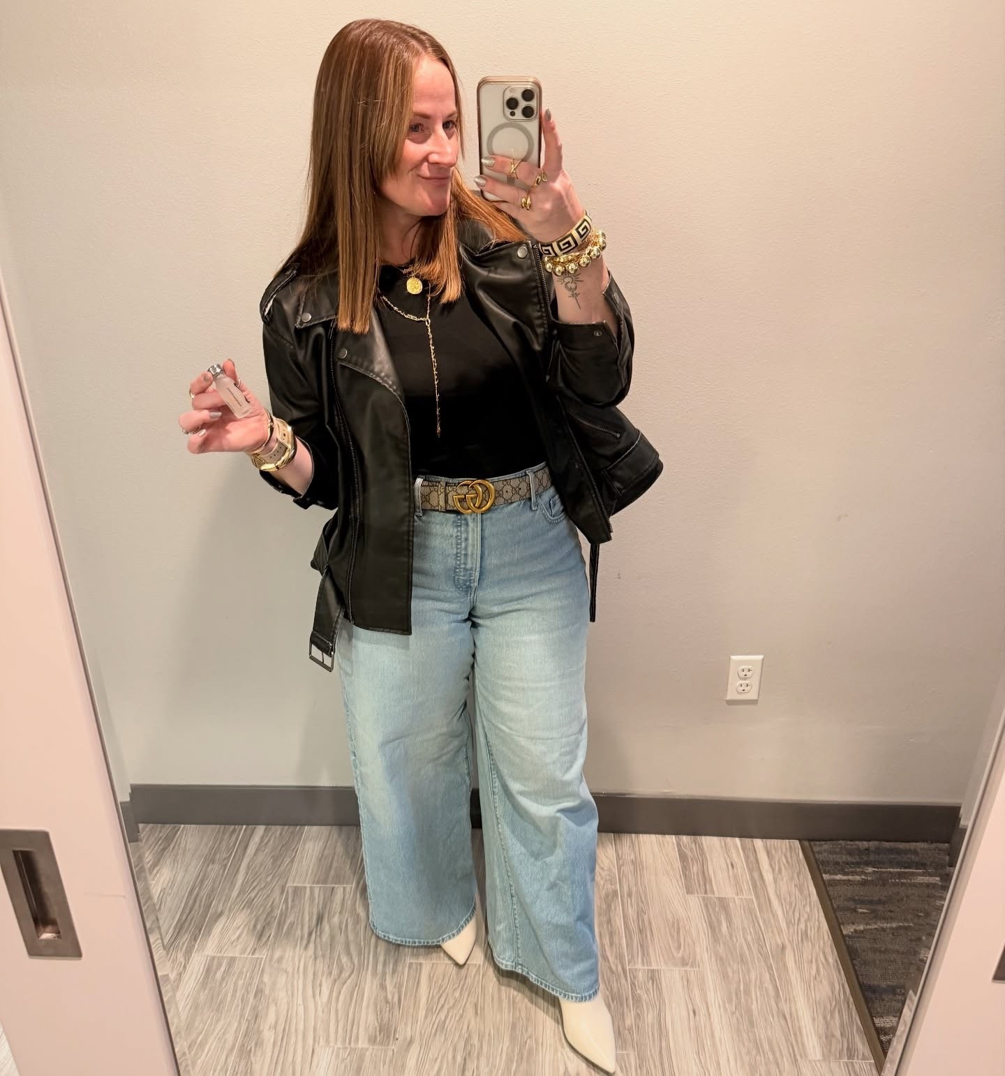 This is the outfit I actually went with on Saturday night - even though I loved the brown. I was nervous because the brown was a tank & what if perimenopause took me away and I had to take my jacket off. Such fun! 

Anyway - when I find an outfit formula I love and is comfortable and works well, I’ll use it over & over again. This one does the trick. It’s easy for work or play! 

Top & Jeans @express 
Jacket & Boots @target older but I’ll link similar ones
Necklaces Stella & Dot and @bloomsandbudsflowers (if you’re local go check out their gift selection, of course I treated myself to a necklace or two) 

All linked in my LTK. Comment if you want it to slide in your DMs.