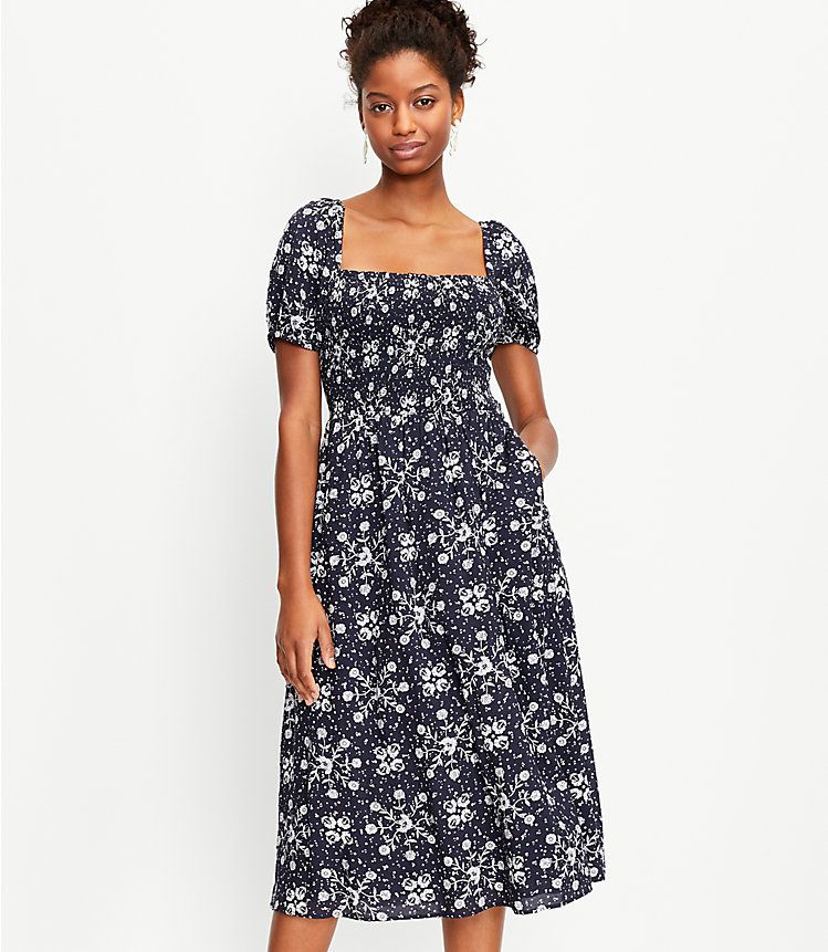 Floral Smocked Puff Sleeve Midi Dress | LOFT