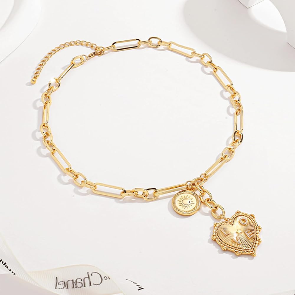 HETICA Chunky Gold Necklace for Women - Heart Gold Necklace Zirconia LOVE Pendant Necklace Round ... | Amazon (US)