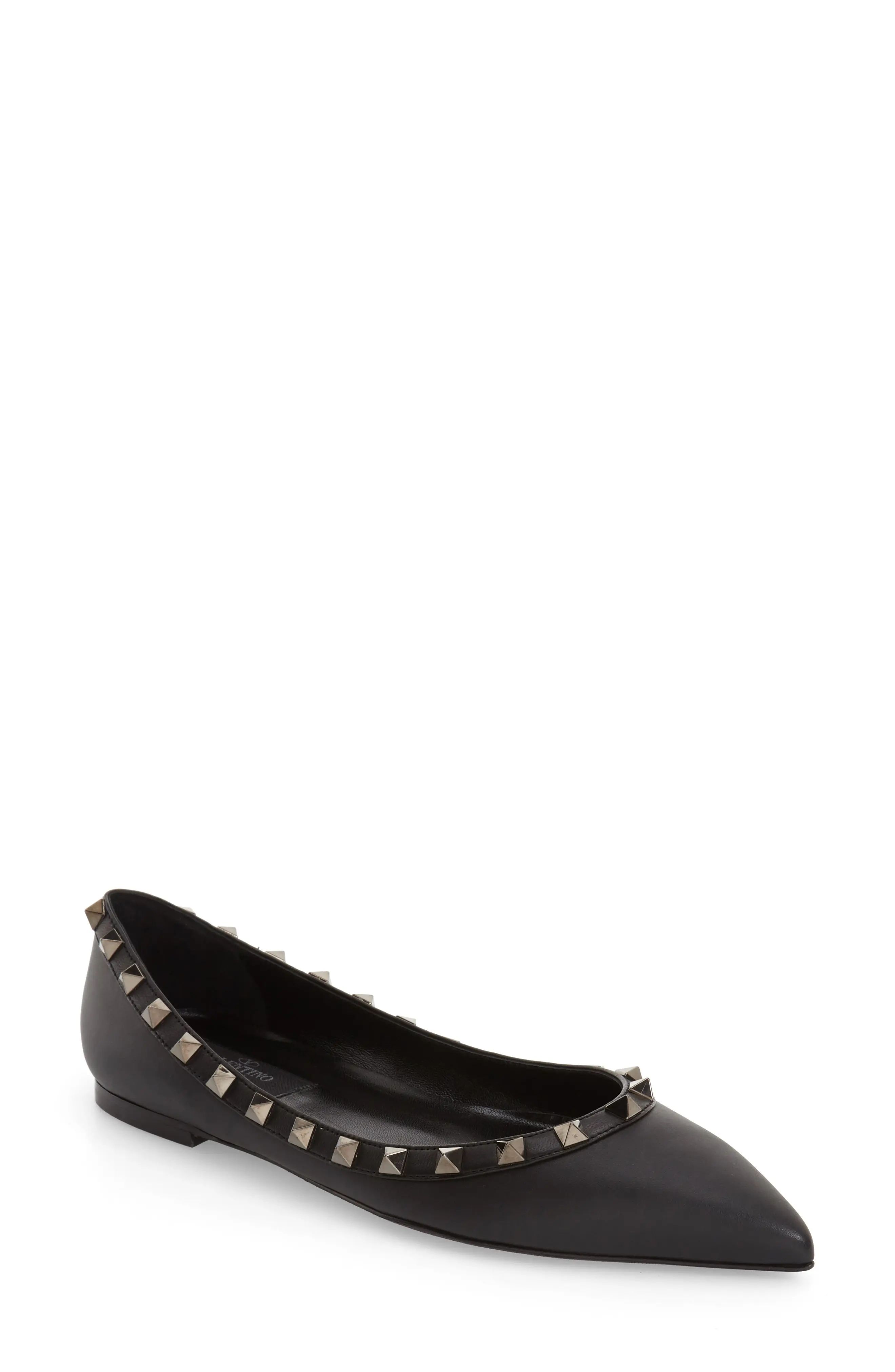 Women's Valentino Garavani Rockstud Pointed Toe Flat, Size 9.5US - Black | Nordstrom