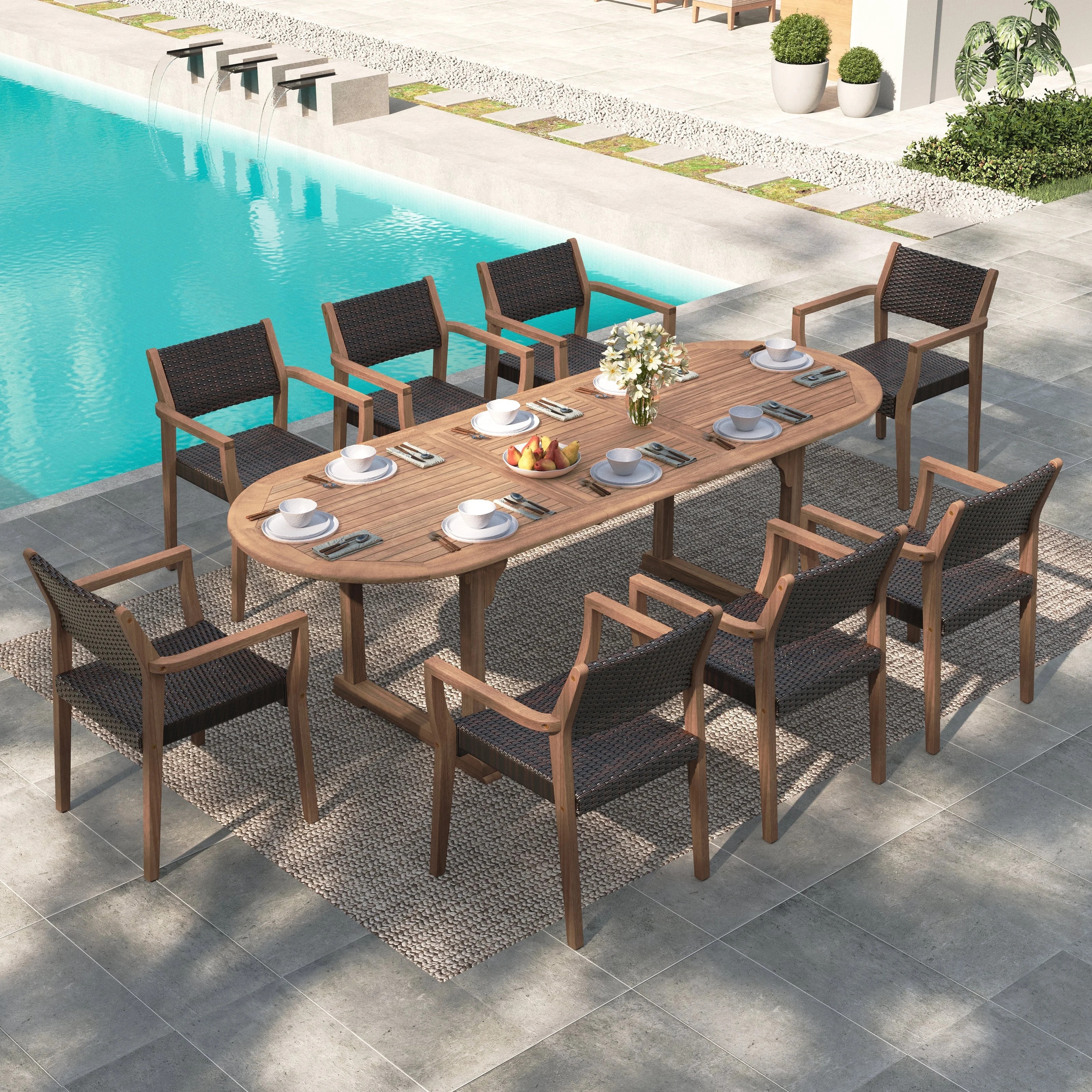 MF Studio 9-Piece Acacia Wood Outdoor Patio Dining Set with Extendable Table and Rattan Chair for... | Walmart (US)