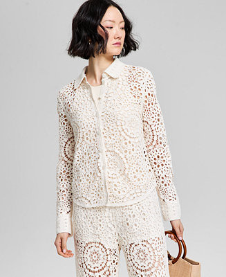 And Now This Petite Button-Front Long-Sleeve Crochet Shirt, Exclusively at Macy's  - Macy's | Macy's
