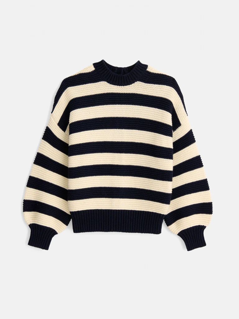 Button-Back Crewneck Sweater in Bold Stripe | Alex Mill