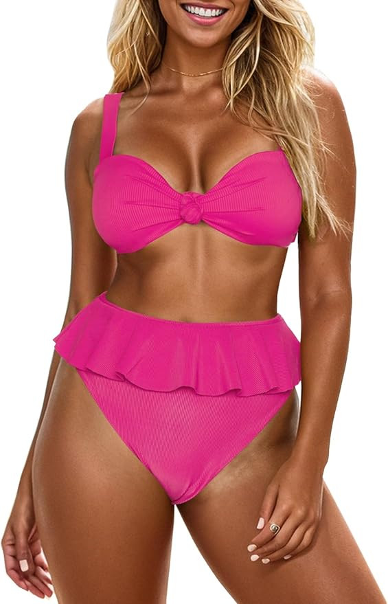 Saodimallsu Womens 2 Piece High Waisted Swimsuit Ruffle Bikini Sets Twist Knot Ribbed Bathing Sui... | Amazon (US)