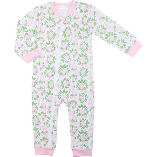 Pink And Green Rose Print Knit Zipper Pajamas | Cecil and Lou