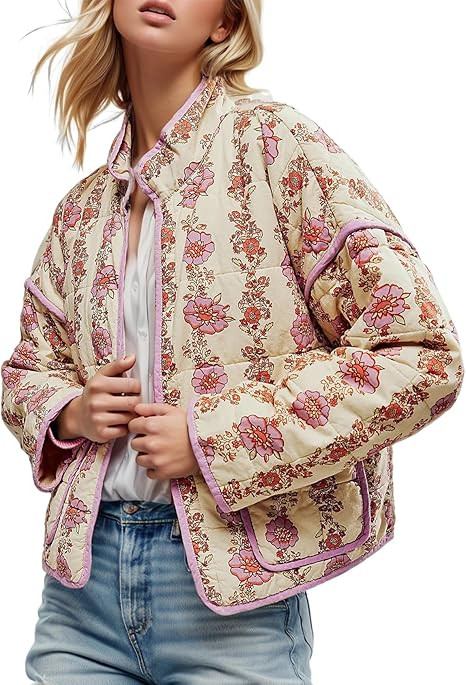 Yimoon Women's Cropped Puffer Quilted Jacket Vintage Floral Print Open Front Lightweight Short Ja... | Amazon (US)