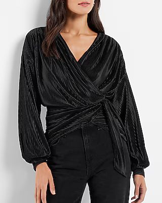 Metallic Foil Pleated Wrap Tie Waist Top | Express