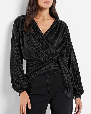 Metallic Foil Pleated Wrap Tie Waist Top | Express