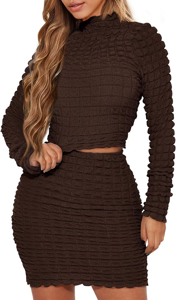 PRETTYGARDEN Women's 2023 Fall 2 Piece Outfits Mock Neck Crop Tops And Bodycon Mini Skirt Dress S... | Amazon (US)