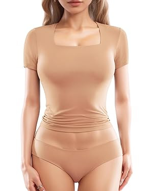 MANGOPOP Women's Double Lined Square Neck Tops Short Sleeve T Shirts Fitted Basic Tee | Amazon (US)