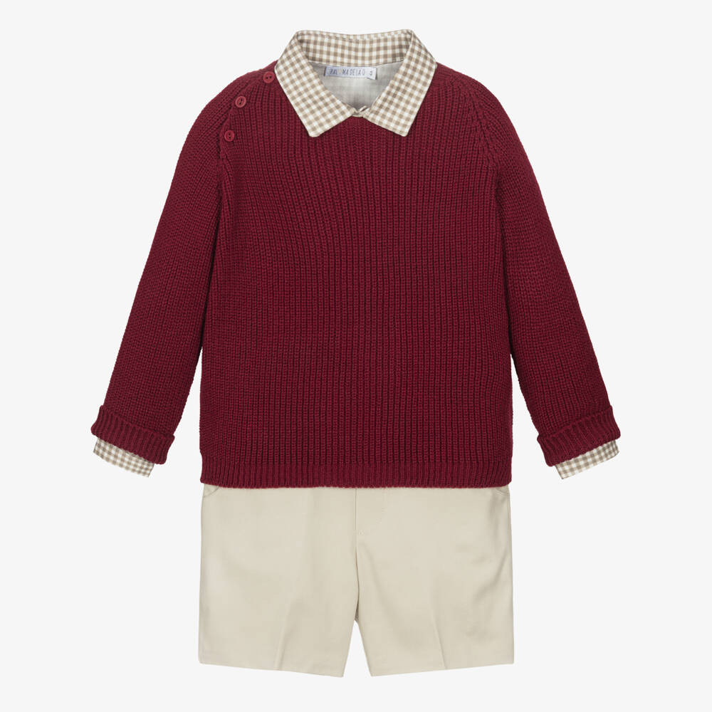 Boys Red Knit Sweater & Beige Cotton Shorts Set | Childrensalon
