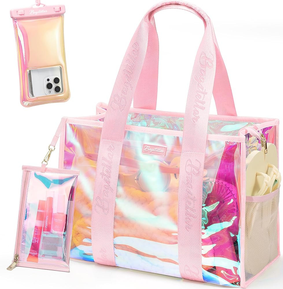 Iridescent Beach Tote Bags for Women, Large Zipper Beach Pool Swim Bag with Makeup Bag & Waterpro... | Amazon (US)