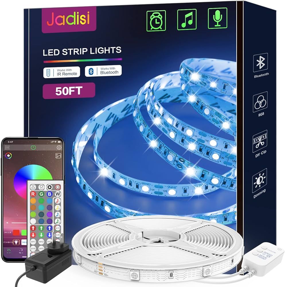 Jadisi 50ft Led Strip Lights for Bedroom, RGB Led Light Strip Music Sync Color Changing with App ... | Amazon (US)
