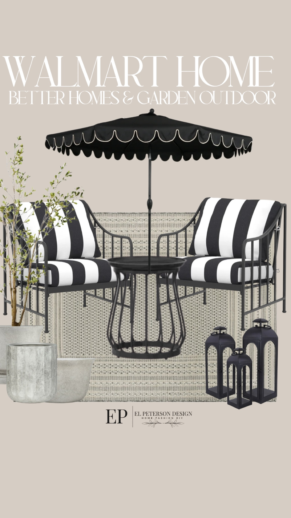 Walmart 
Conversational set
Floor lantern
Planters
Rug
Umbrella

#LTKHome