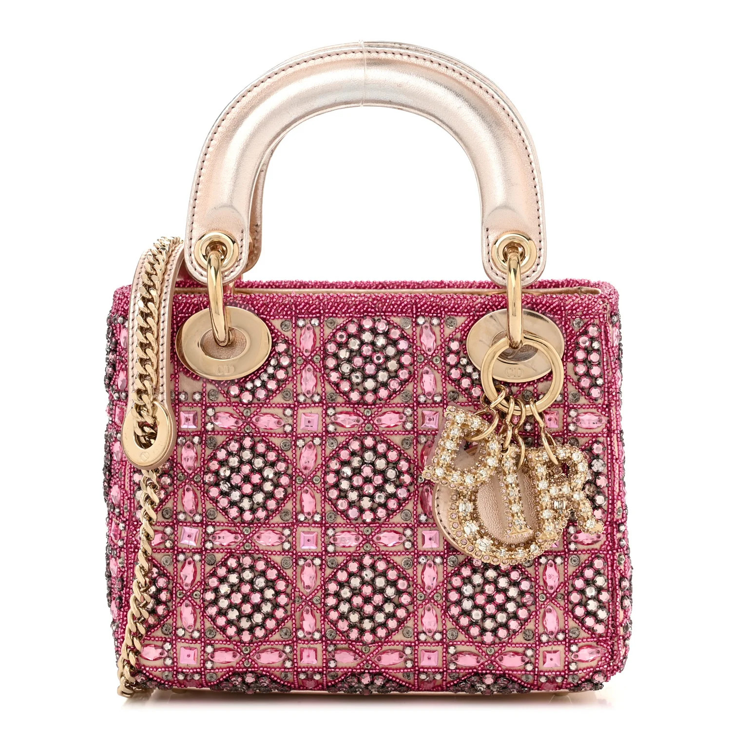 Metallic Calfskin Satin Celestial Bead Embroidery Cannage Mini Lady Dior Rose Des Vents | FASHIONPHILE (US)