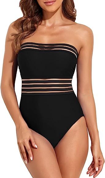 Hilor Women's Strapless One Piece Swimsuits Tummy Control Swimwear Halter Slimming Bathing Suits Mon | Amazon (US)