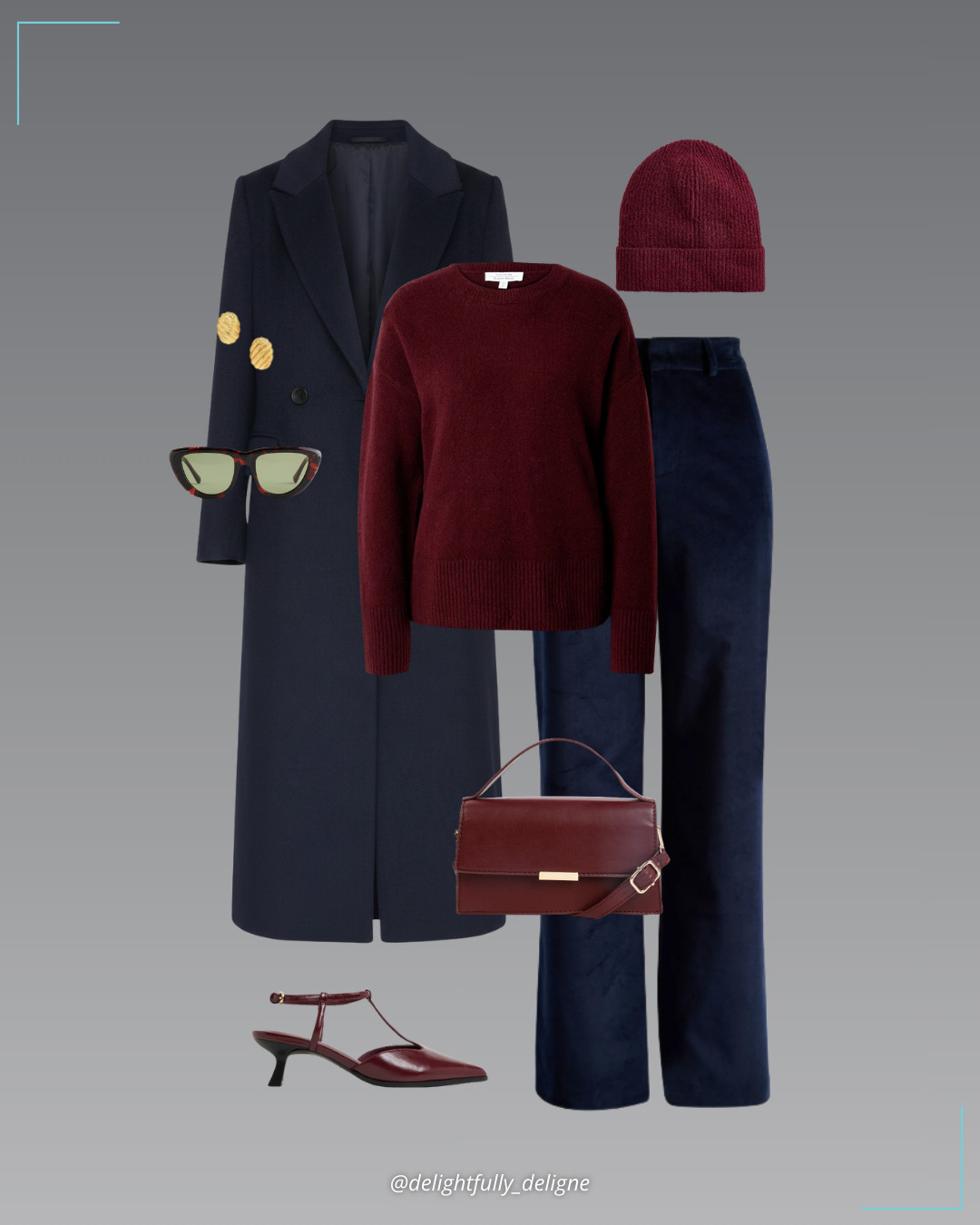 Winter Tailored Ease ❤️💙Navy relaxed double-breasted coat, navy corduroy straight-leg pants, burgundy wine crewneck sweater, ankle-strap pointed-toe kitten heel pumps, structured crossbody bag, ribbed beanie, ribbed oval earrings & oversized angular sunglasses. 

 #LTKgrwm #LTKootd #LTKOver40