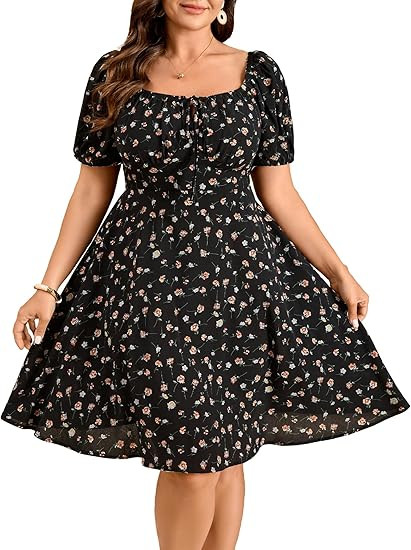 SCOMCHIC Women's Plus Size Floral Mini Dress Square Neck Milkmaid Dress Short Sleeve Tie Front A-... | Amazon (US)